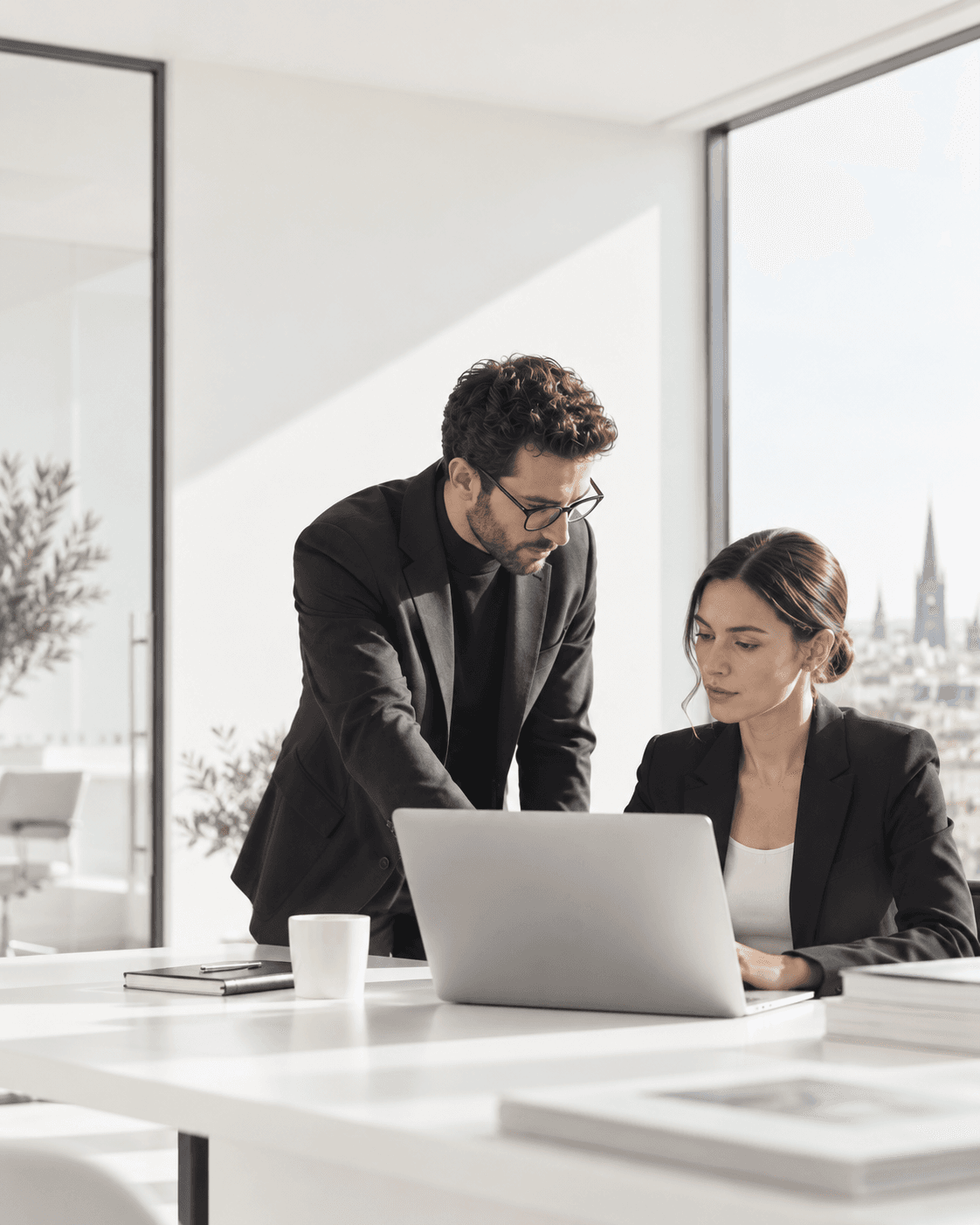 Deux professionnels échangent dans un bureau lumineux